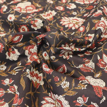 Indian Printed Cotton - Floral - Black, Brown and Red