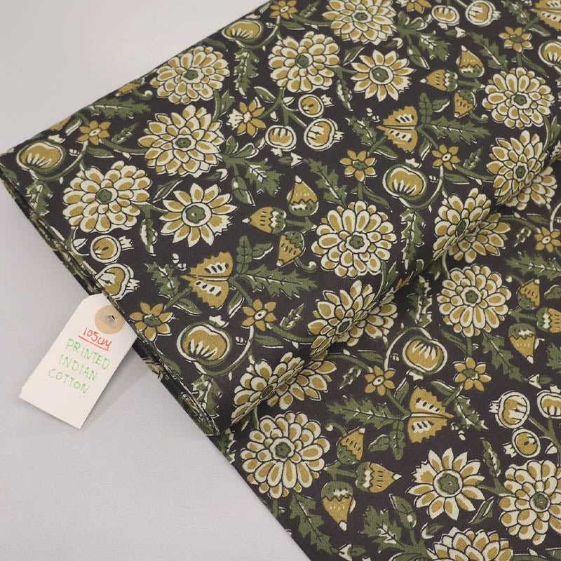Indian Printed Cotton - Floral - Black and Mustard