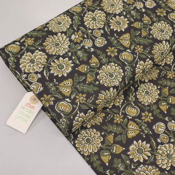 Indian Printed Cotton - Floral - Black and Mustard