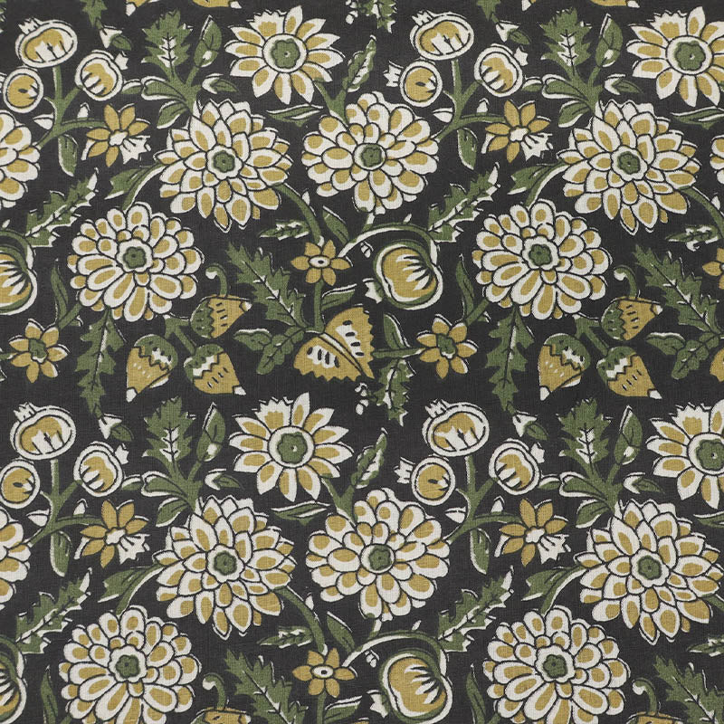 Indian Printed Cotton - Floral - Black and Mustard