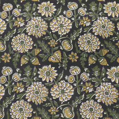 Indian Printed Cotton - Floral - Black and Mustard