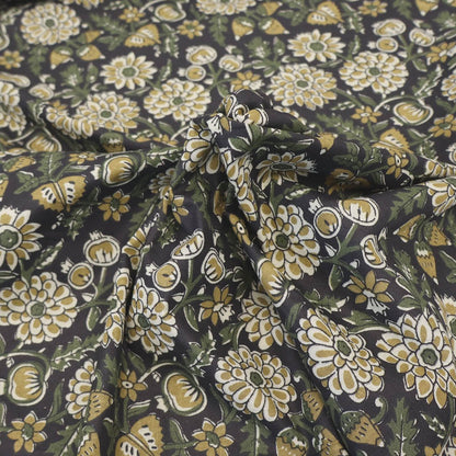 Indian Printed Cotton - Floral - Black and Mustard