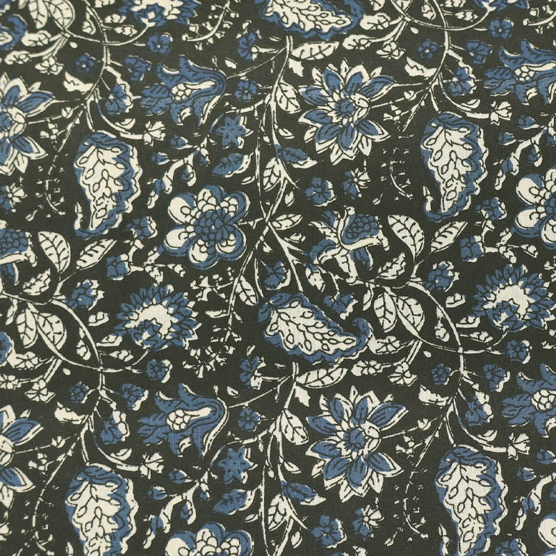 Indian Printed Cotton - Floral - Black and Navy