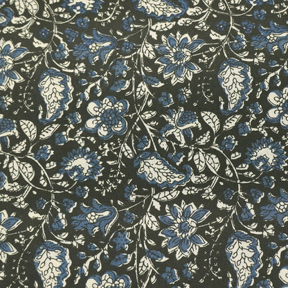 Indian Printed Cotton - Floral - Black and Navy