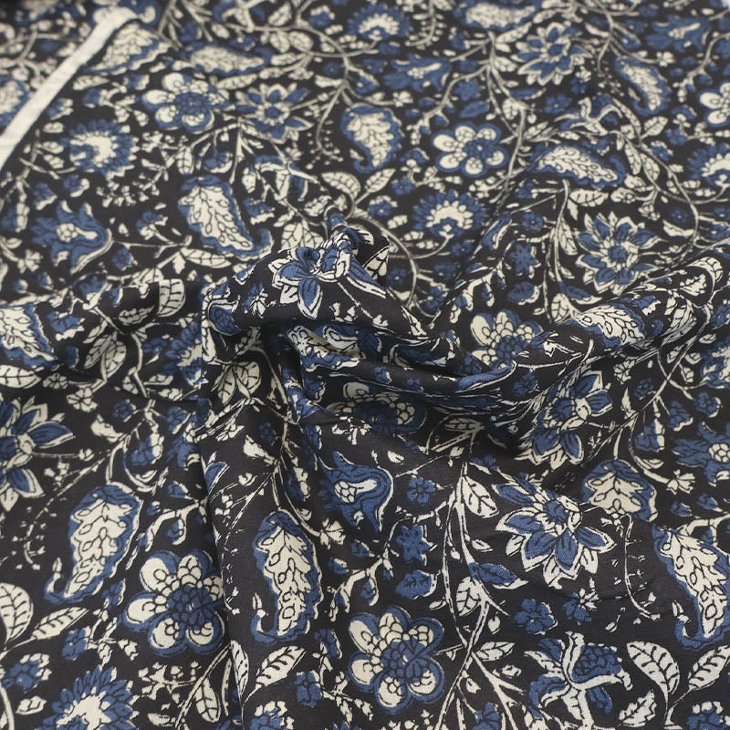Indian Printed Cotton - Floral - Black and Navy