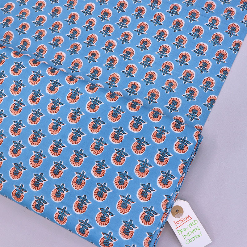 100% Cotton Floral Indian Cotton Fabric - Blue and Orange