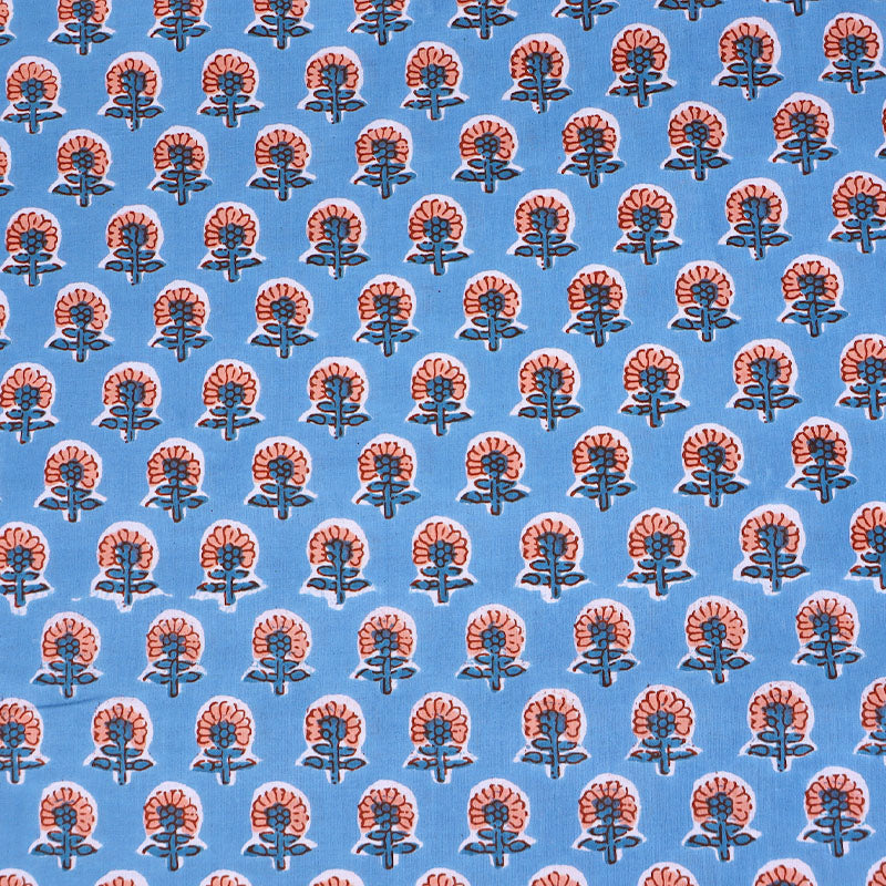 100% Cotton Floral Indian Cotton Fabric - Blue and Orange