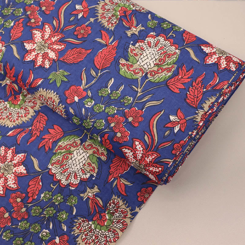 Indian Printed Cotton - Floral - Blue and Red