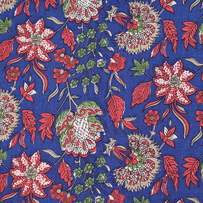 Indian Printed Cotton - Floral - Blue and Red