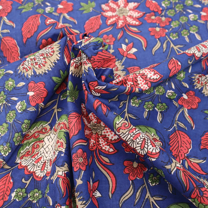 Indian Printed Cotton - Floral - Blue and Red