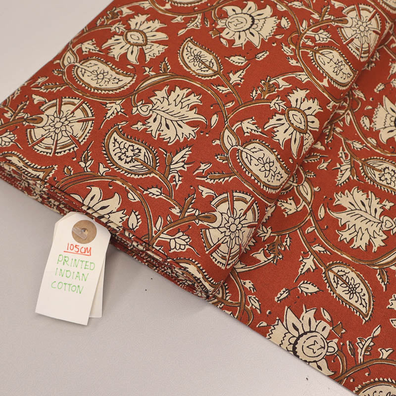 Indian Printed Cotton - Floral - Brick