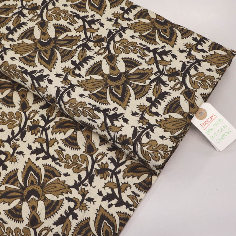 Indian Printed Cotton - Floral - Cream and Gold