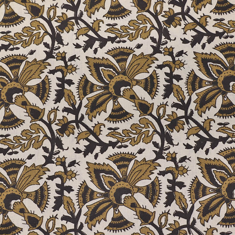 Indian Printed Cotton - Floral - Cream and Gold