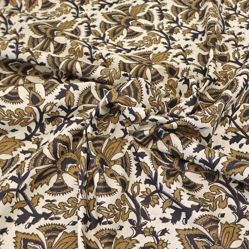 Indian Printed Cotton - Floral - Cream and Gold