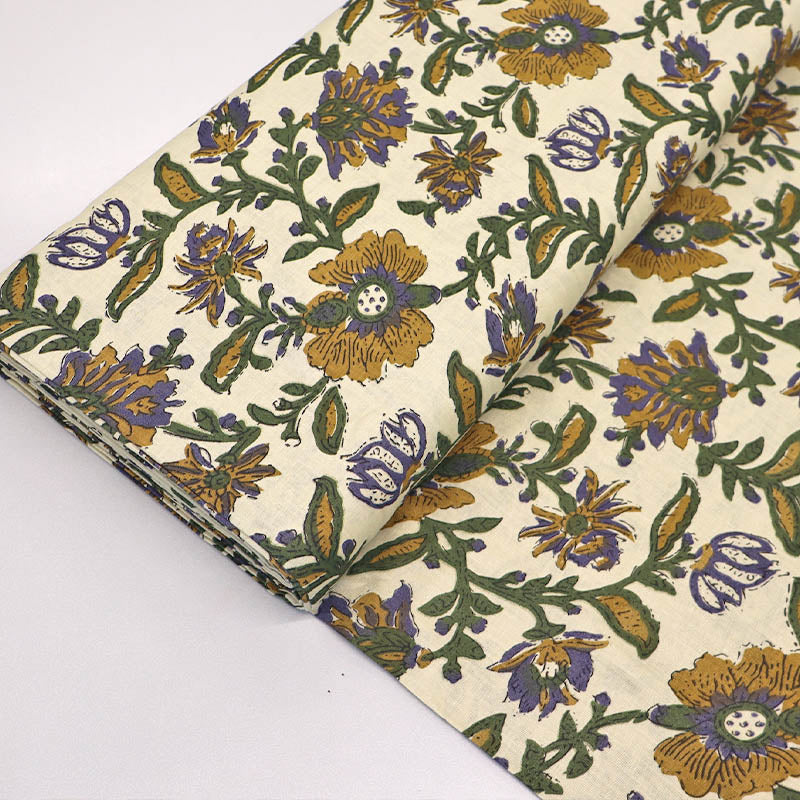 Indian Printed Cotton - Floral - Cream and Mustard