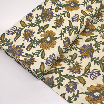 Indian Printed Cotton - Floral - Cream and Mustard