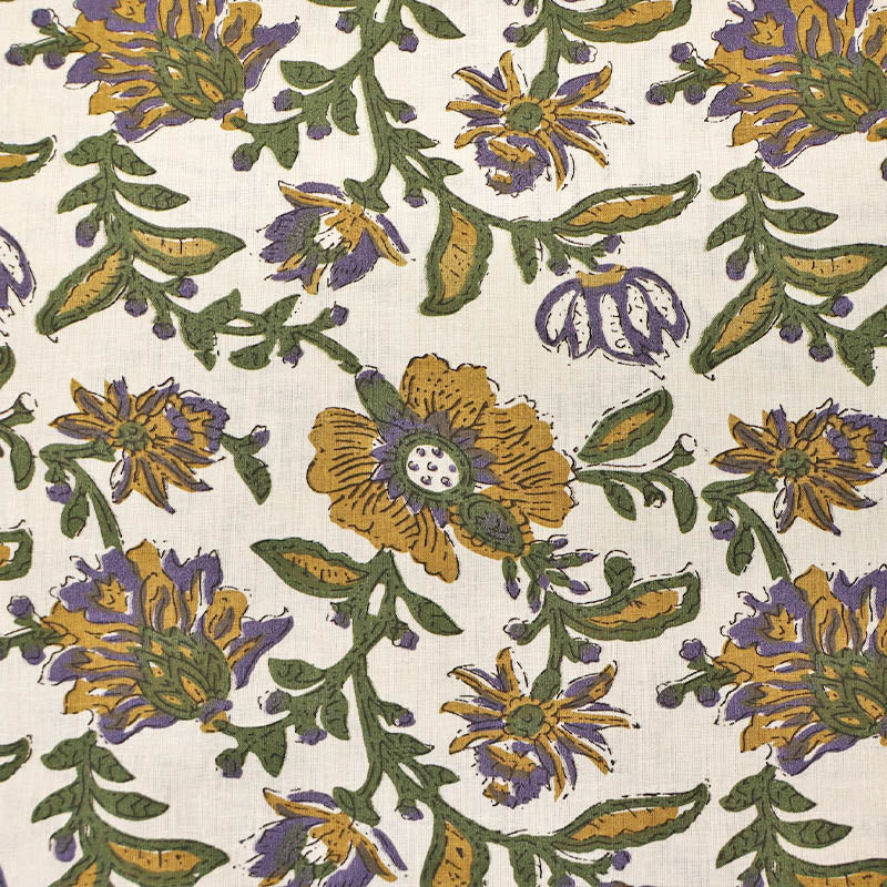 Indian Printed Cotton - Floral - Cream and Mustard