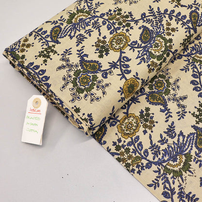 Indian Printed Cotton - Floral - Cream and Navy