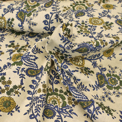 Indian Printed Cotton - Floral - Cream and Navy