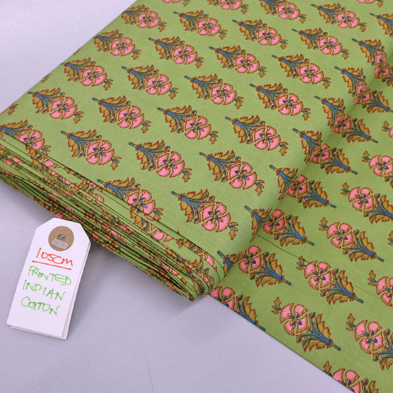 100% Cotton Floral Indian Cotton Fabric - Green and Pink