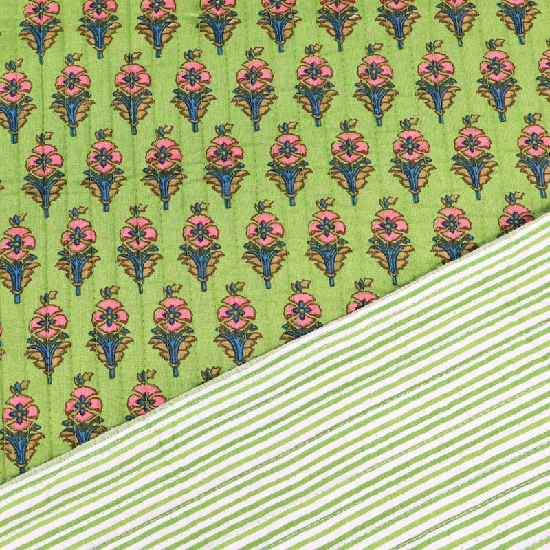 100% Cotton, including 100% Cotton Wadding Quilted Cotton Fabric - Green and Pink Floral with green stripe on the reverse