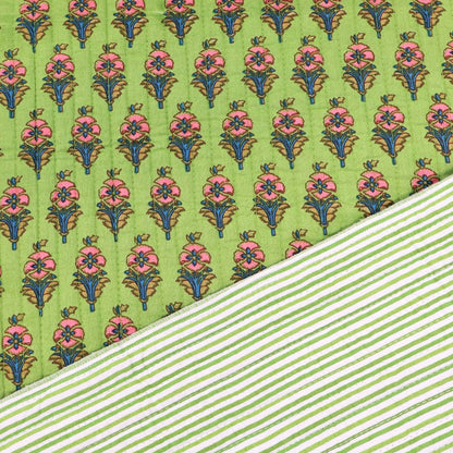 100% Cotton, including 100% Cotton Wadding Quilted Cotton Fabric - Green and Pink Floral with green stripe on the reverse