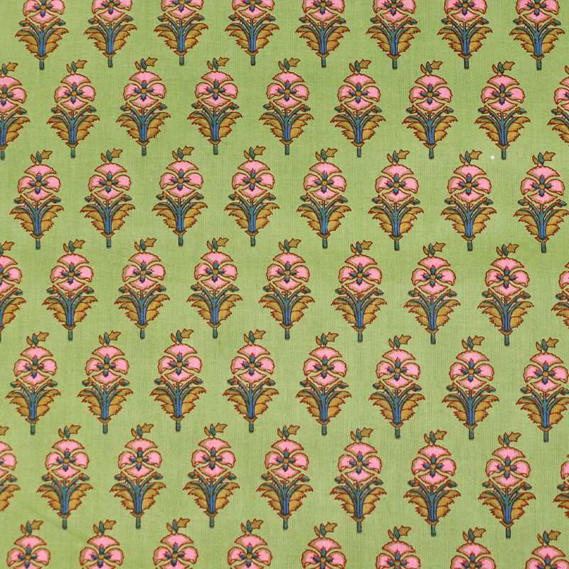 100% Cotton Floral Indian Cotton Fabric - Green and Pink