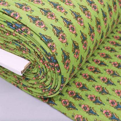 100% Cotton, including 100% Cotton Wadding Quilted Cotton Fabric - Green and Pink Floral