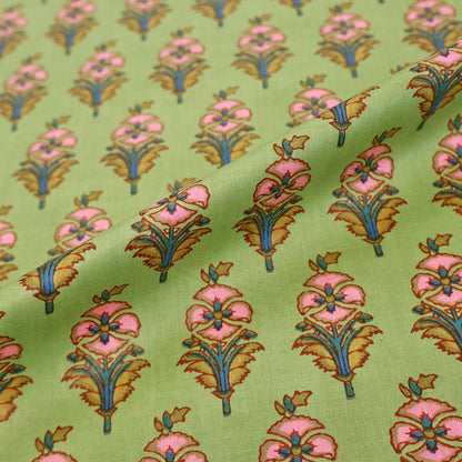 100% Cotton Floral Indian Cotton Fabric - Green and Pink