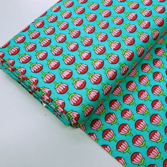 100% Cotton Floral Cotton Fabric - Jade Green and Pink