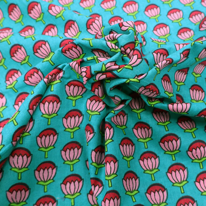 100% Cotton Floral Cotton Fabric - Jade Green and Pink