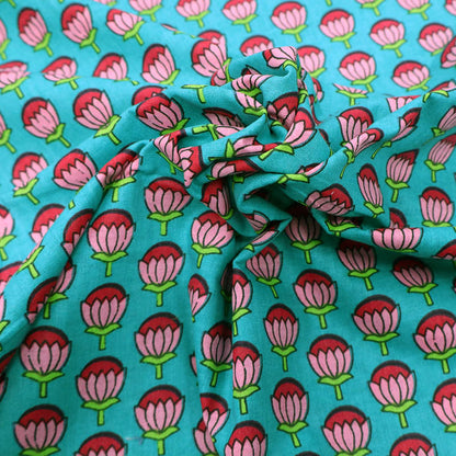 100% Cotton Floral Cotton Fabric - Jade Green and Pink