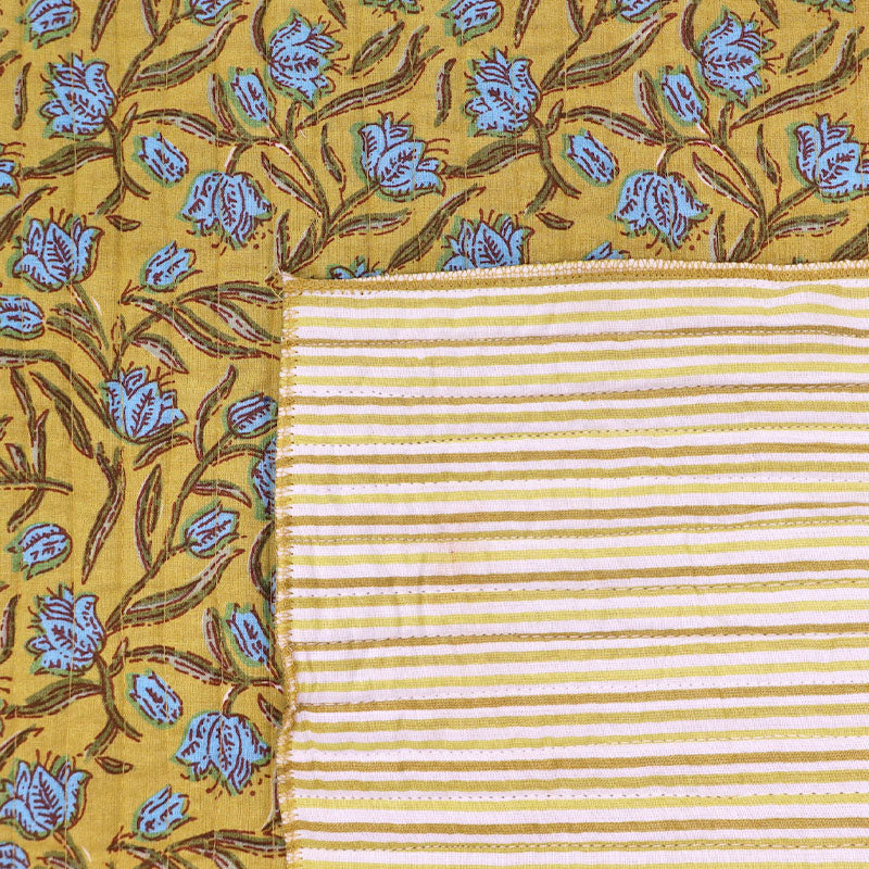 100% Cotton, including 100% Cotton Wadding Quilted Cotton Fabric - Yellow and Blue Floral with yellow stripe on the reverse