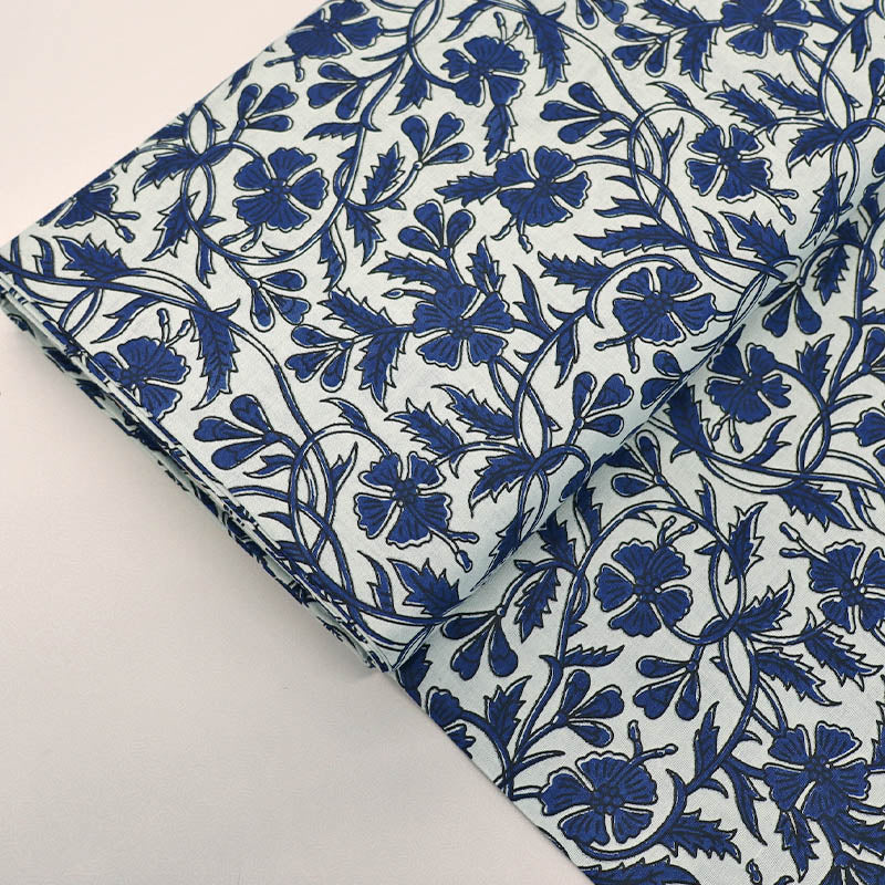Indian Printed Cotton - Floral - Pale Blue and Blue