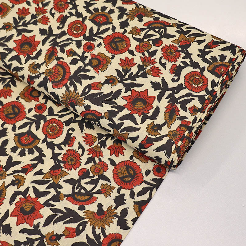 Indian Printed Cotton - Floral - Red, Black and Cream