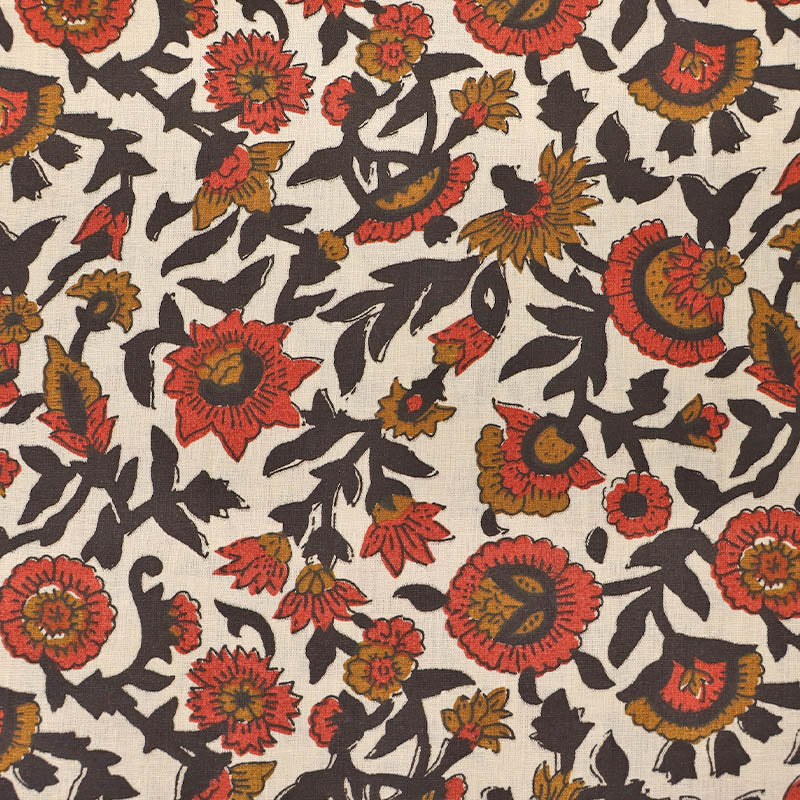 Indian Printed Cotton - Floral - Red, Black and Cream
