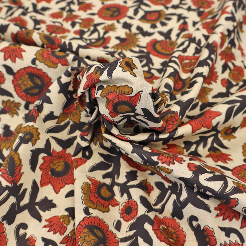 Indian Printed Cotton - Floral - Red, Black and Cream