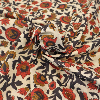 Indian Printed Cotton - Floral - Red, Black and Cream