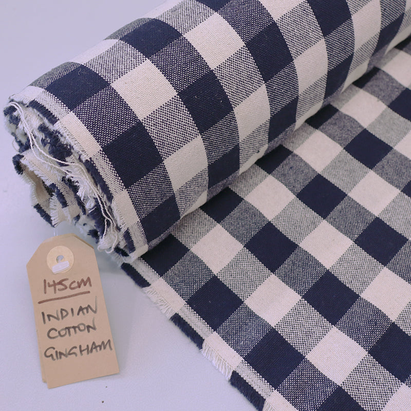 100% Indian Cotton Navy Blue Gingham Furnishing Fabric
