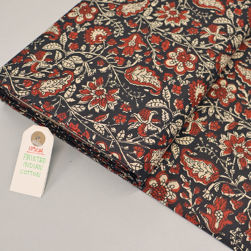 Indian Printed Cotton - Floral - Black and Red