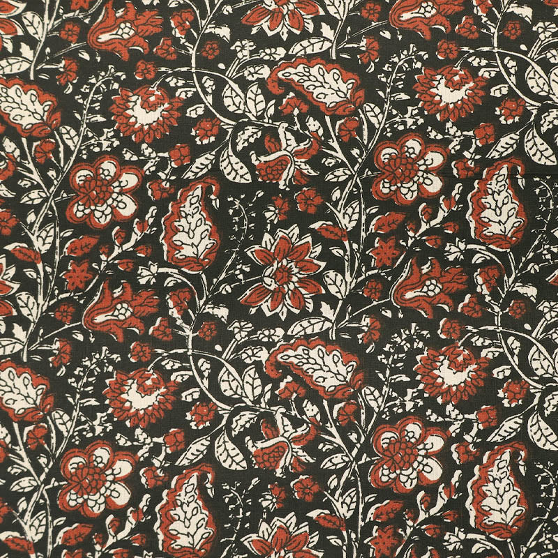 Indian Printed Cotton - Floral - Black and Red