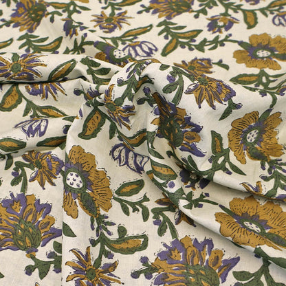 Indian Printed Cotton - Floral - Cream and Mustard