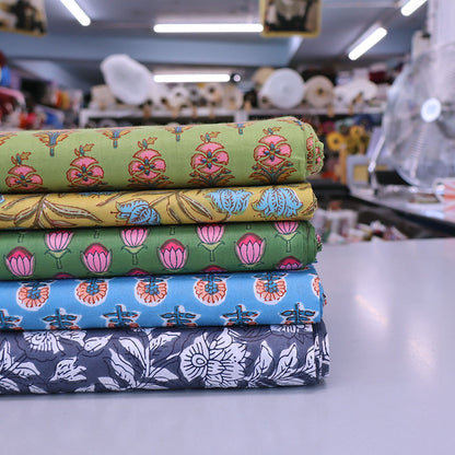 Indian Printed Cotton - Floral - Mustard and Teal