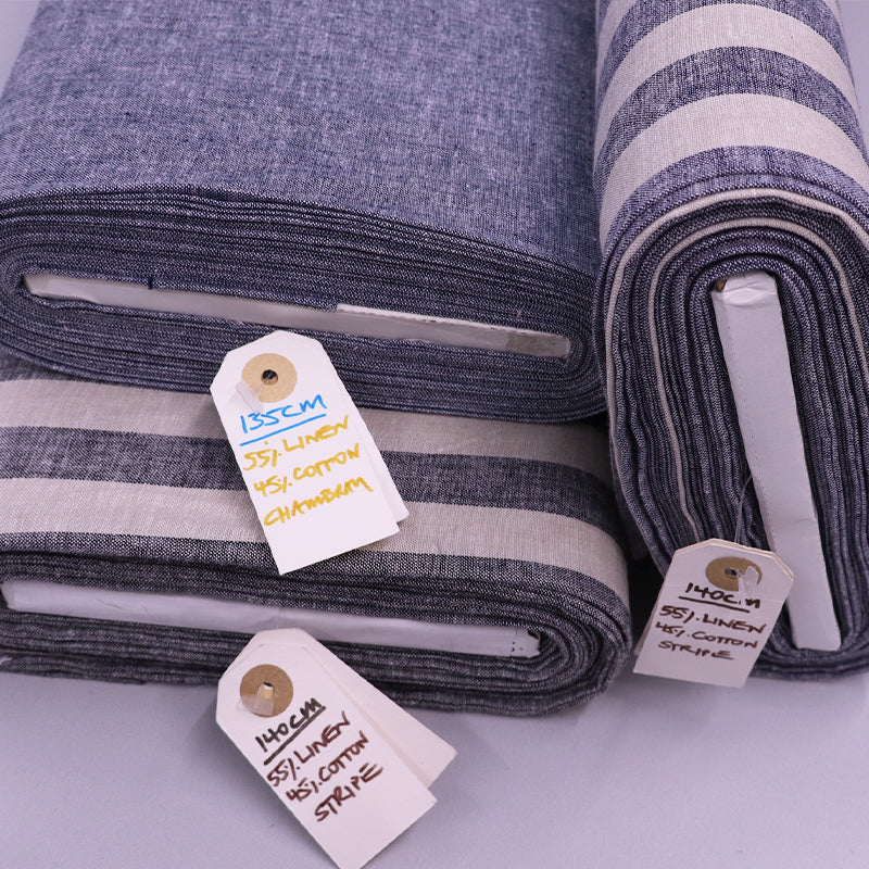 Plain blue and blue and white striped linen blend chambray fabrics