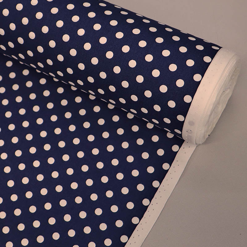 100% Cotton Poplin Navy Blue Polka Dot Cotton with white spots