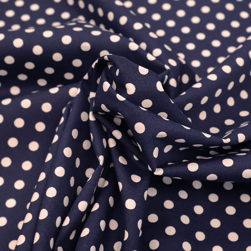 100% Cotton Poplin Navy Blue Polka Dot Cotton with white spots