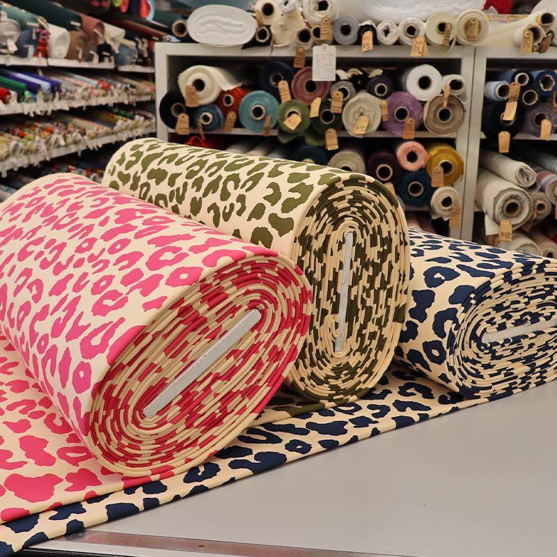 82% Organic Cotton 18% Recycled Polyester Leopard Print Cream Sweatshirt fabrics in pink, khaki  green and navy blue