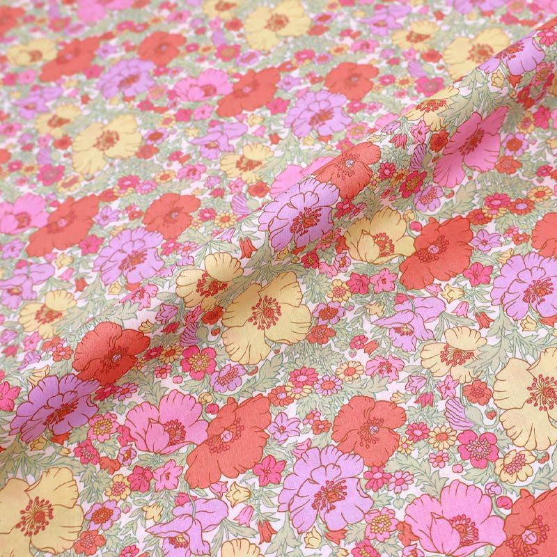 100% Cotton Lawn Liberty Fabrics Tana Lawn™ Cotton - Meadow Song Pink Yellow and Orange