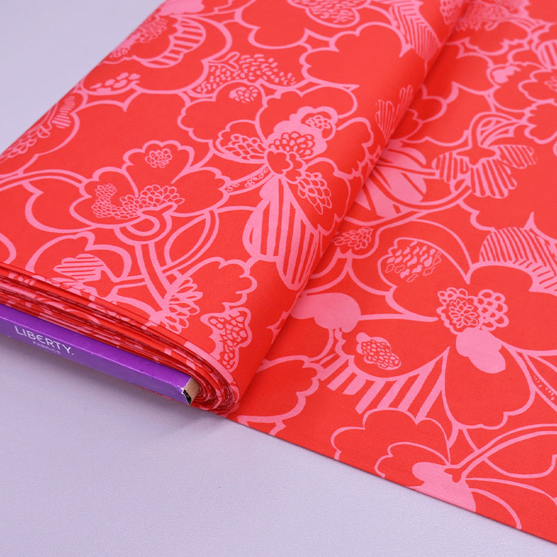 100% Cotton Coral Pink Floral Liberty Cotton Lawn Fabric - Prospect Flower