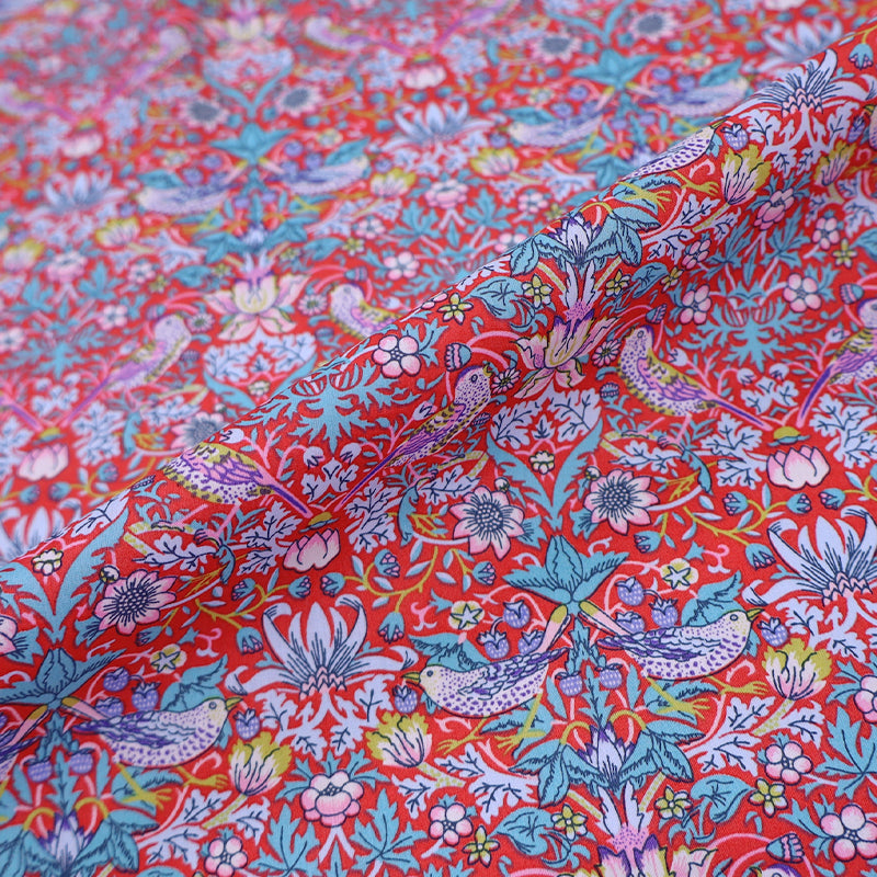 100% Cotton Lawn Liberty Fabrics Red Cotton Lawn Fabric - Strawberry Thief